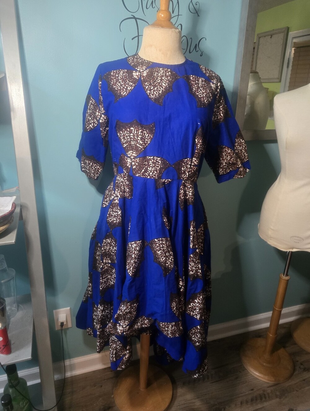 OFUURE Ankara Royal Blue and Brown Wax Cotton High-Low Dress